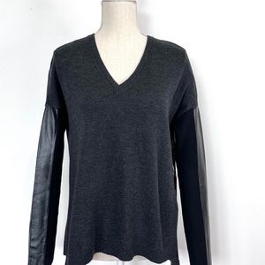 Dex Black Leather Sleeve V-Neck Wool Sweater